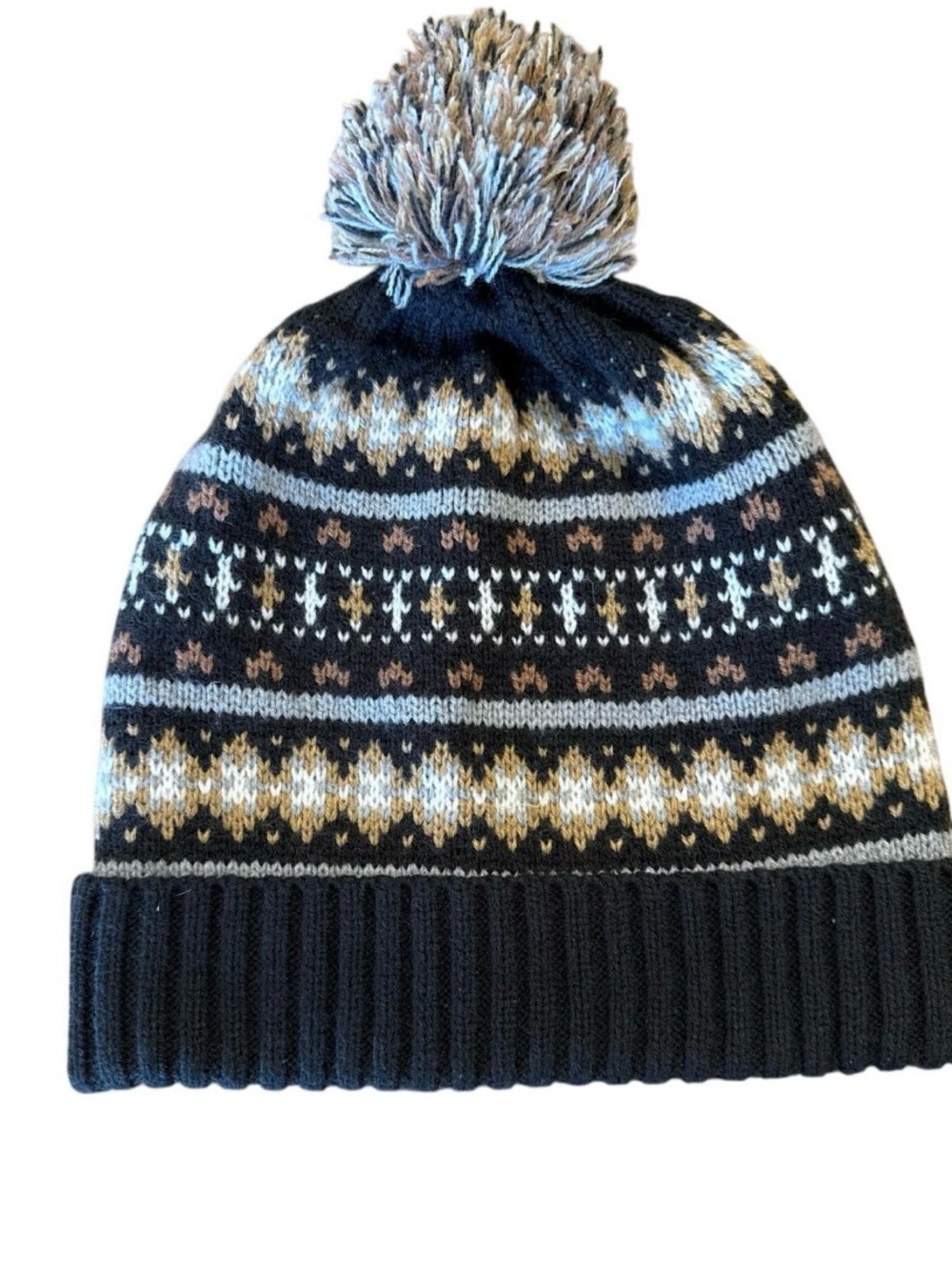 Lands' End Men's Knit Winter Beanie Hat Fair Isle Snowflake Pom Pom Black L/XL